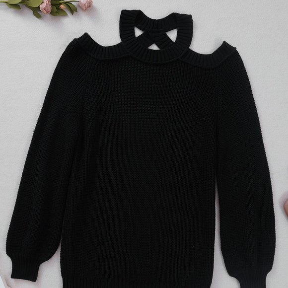 new Black Cold Shoulder Knit Pullover Sweater L - Picture 4 of 9